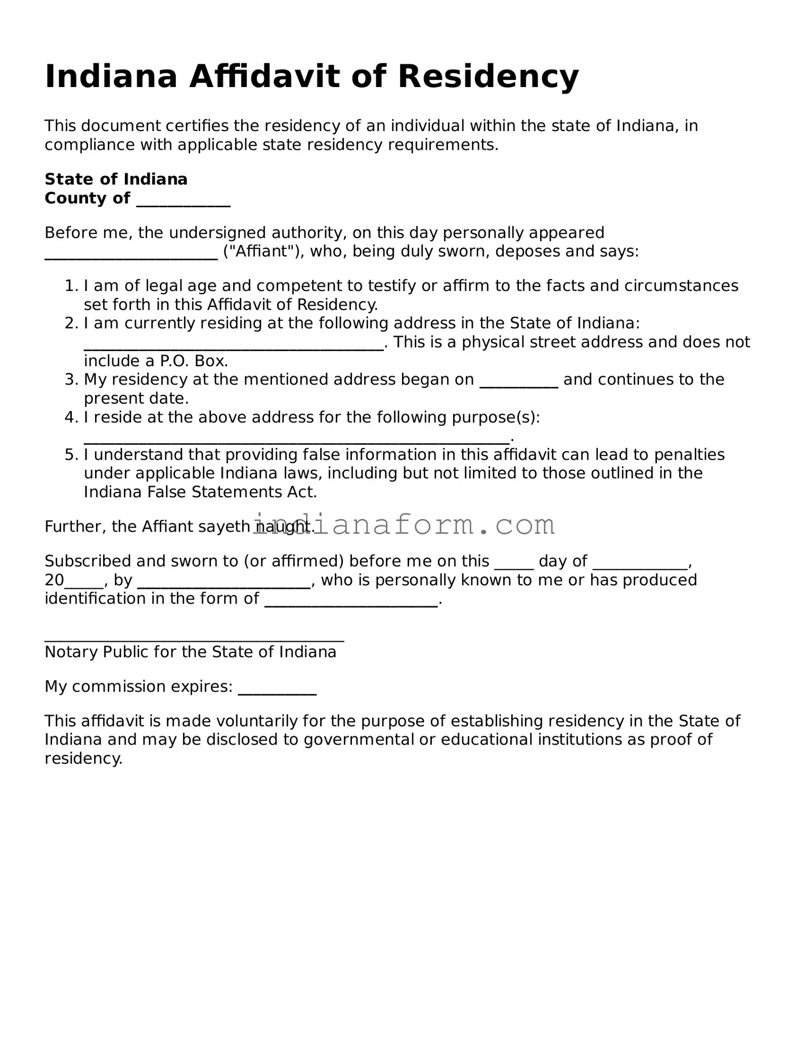 Indiana Affidavit of Residency Template