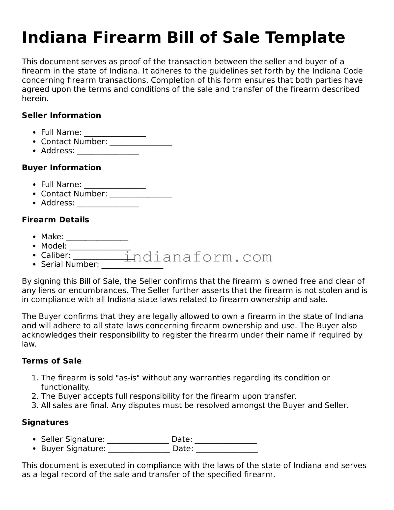 Indiana Firearm Bill of Sale Template