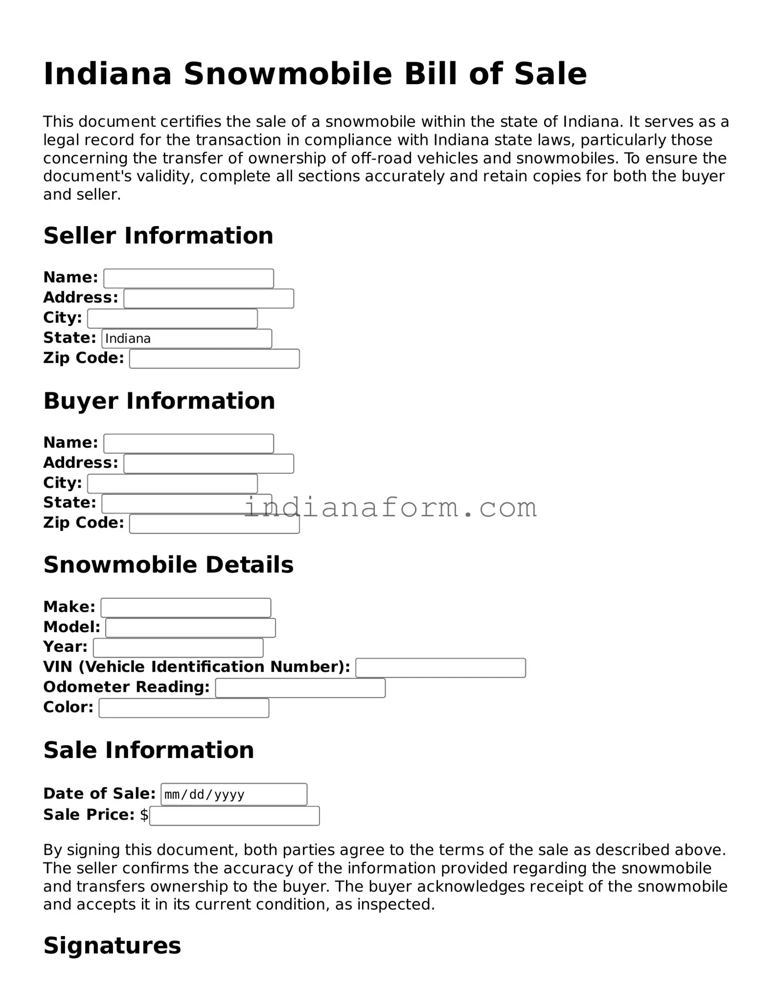 Indiana Snowmobile Bill of Sale Template