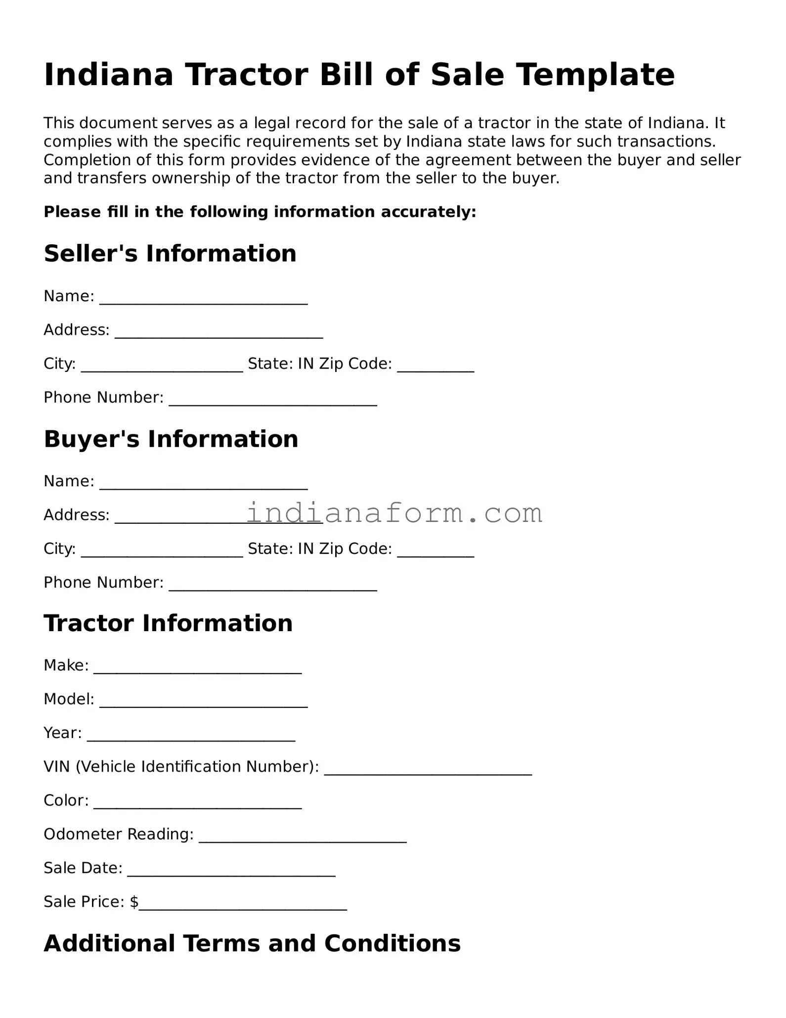 Indiana Tractor Bill of Sale Template