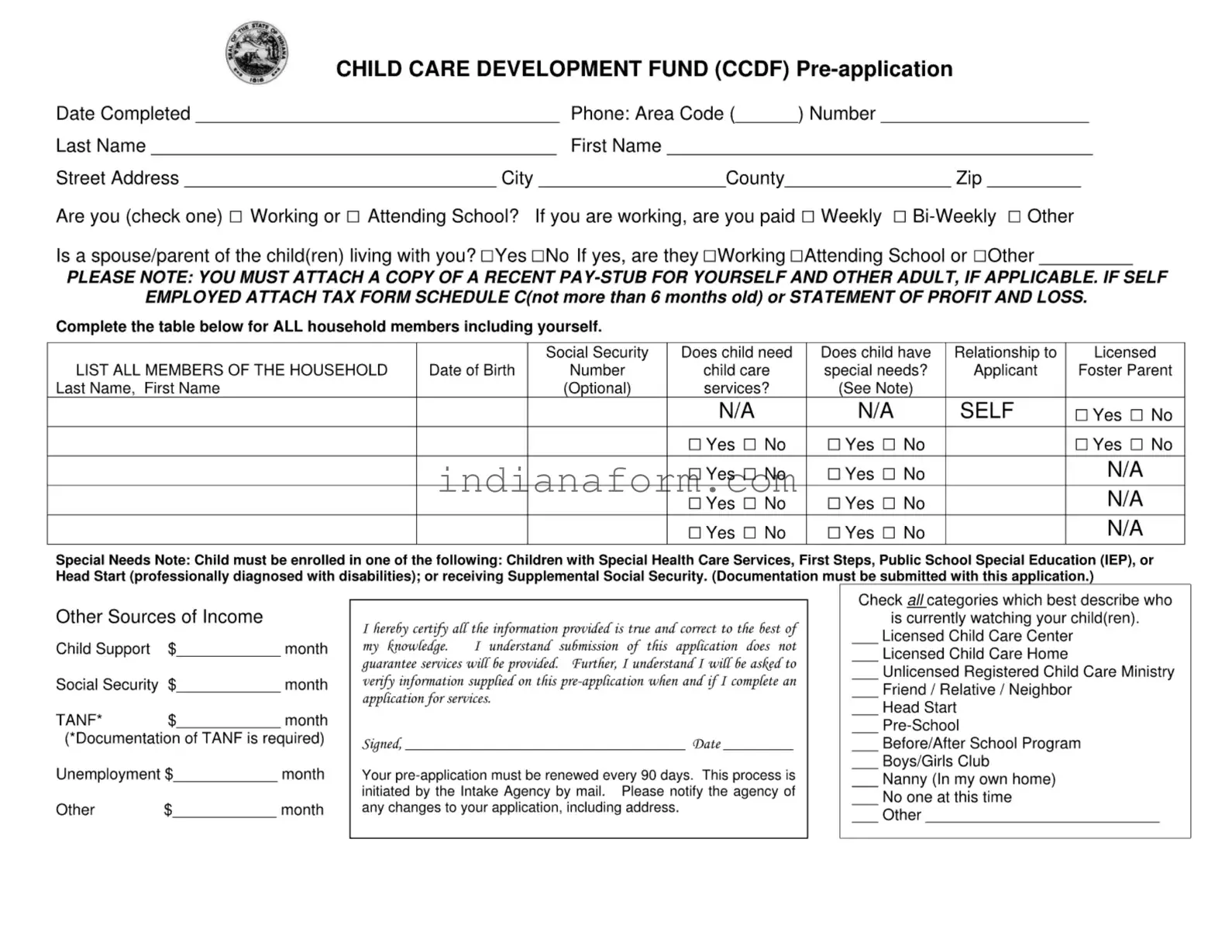 Indiana Ccdf Application Form in PDF