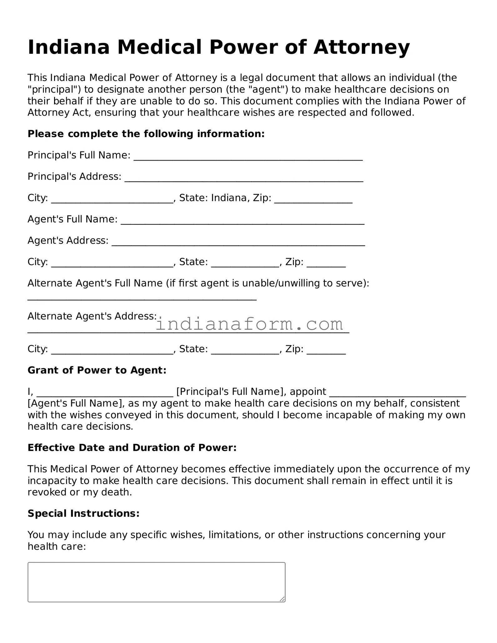 Indiana Medical Power of Attorney Template