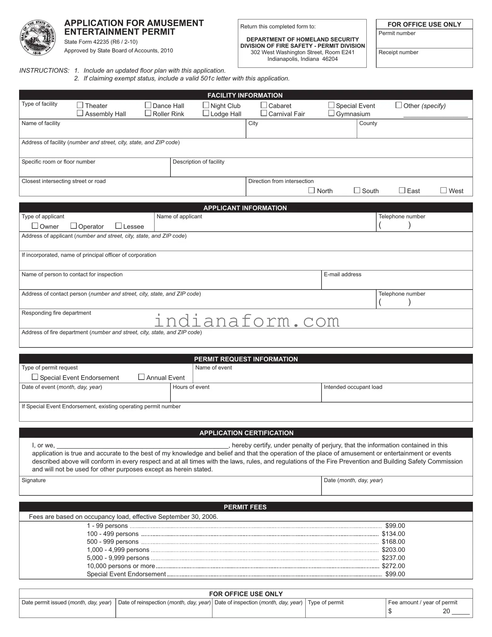 Indiana Entertainment Permit Form in PDF