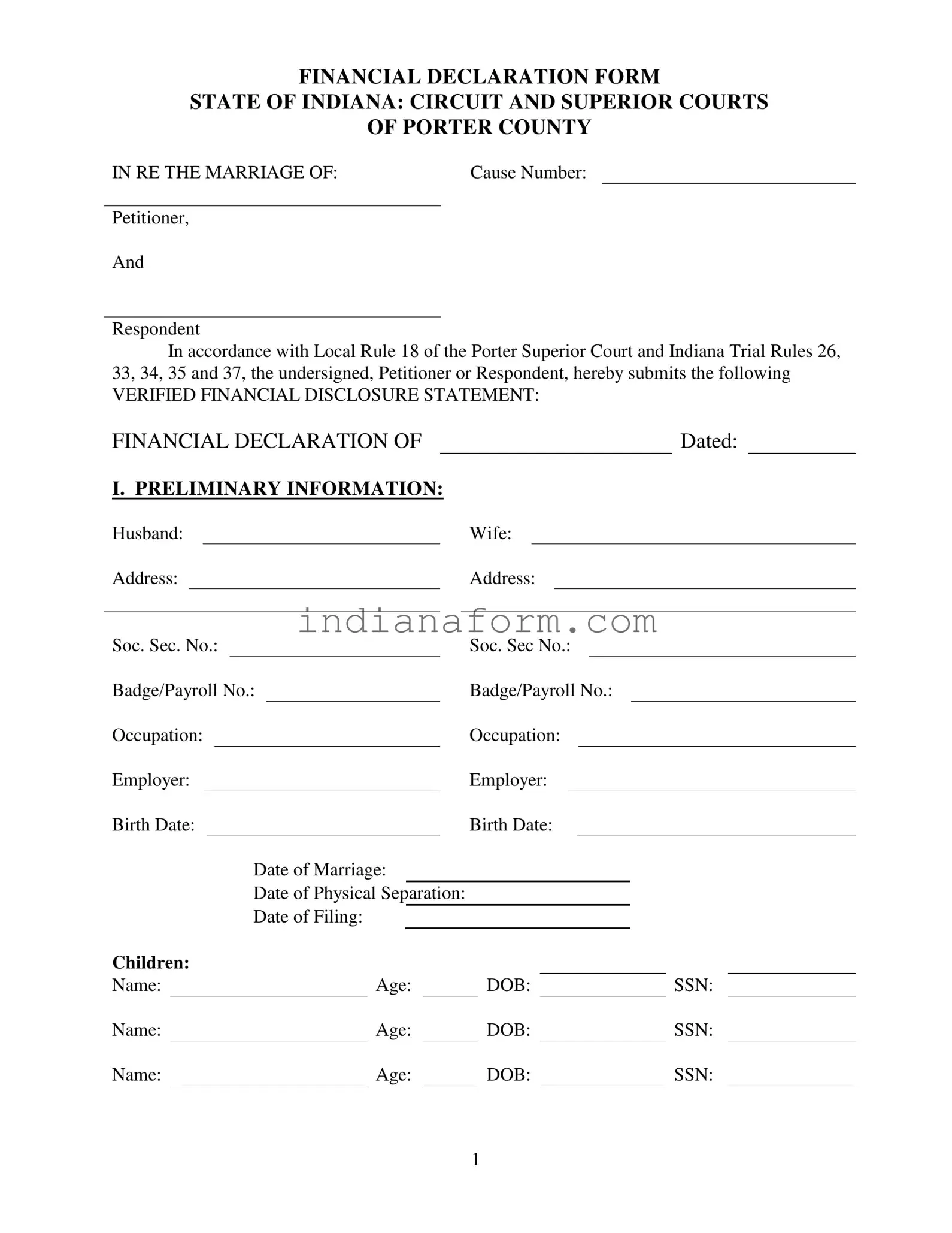 Indiana Financial Declaration Form in PDF