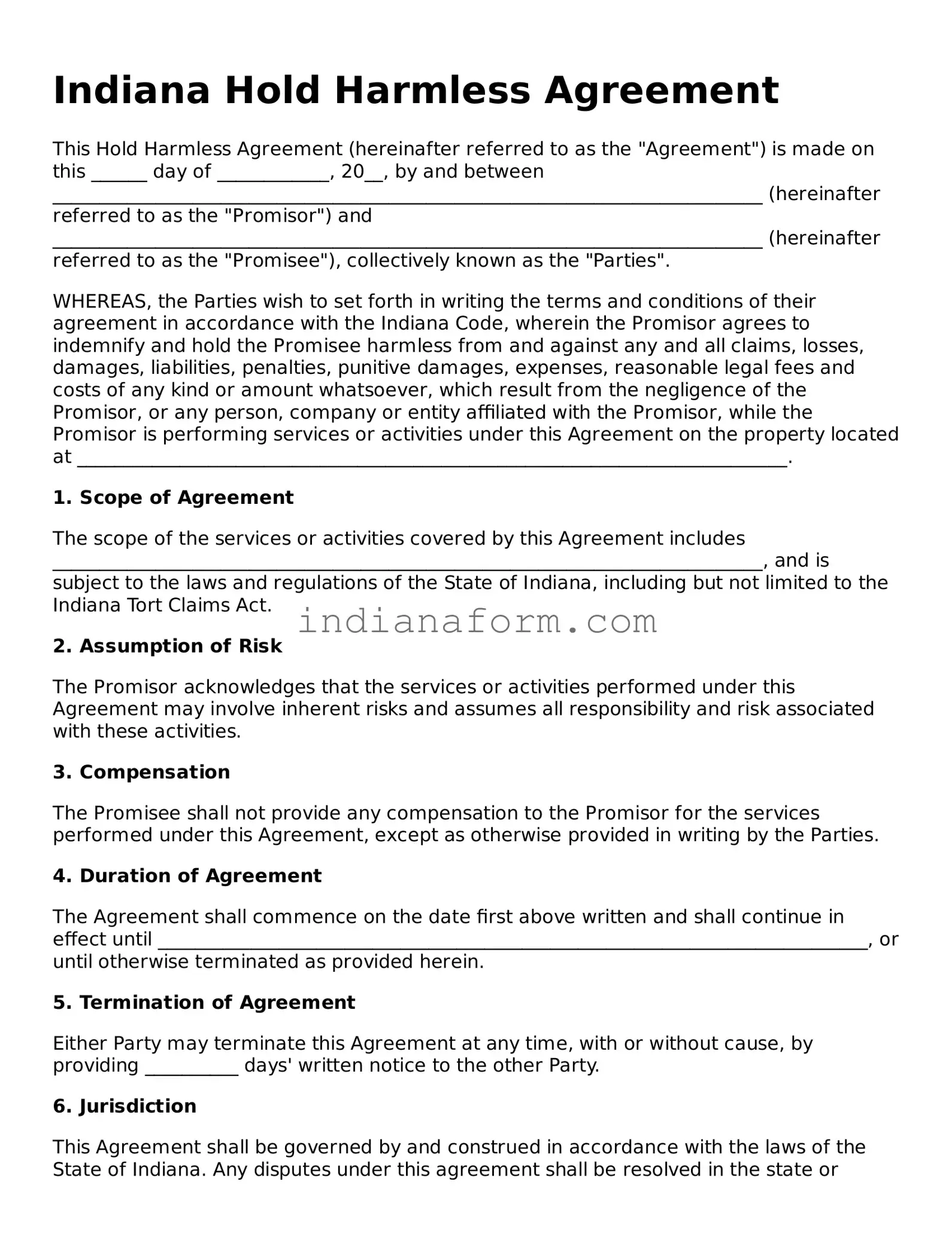 Indiana Hold Harmless Agreement Template