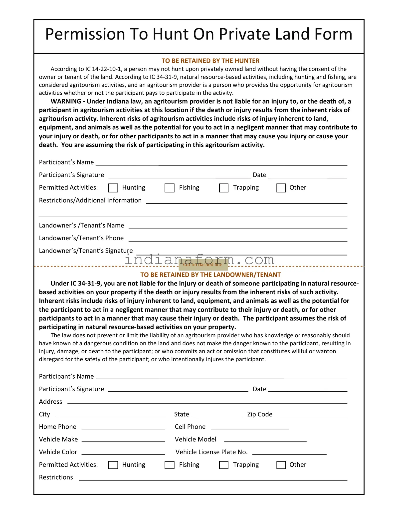Indiana Hunting Permission Form in PDF