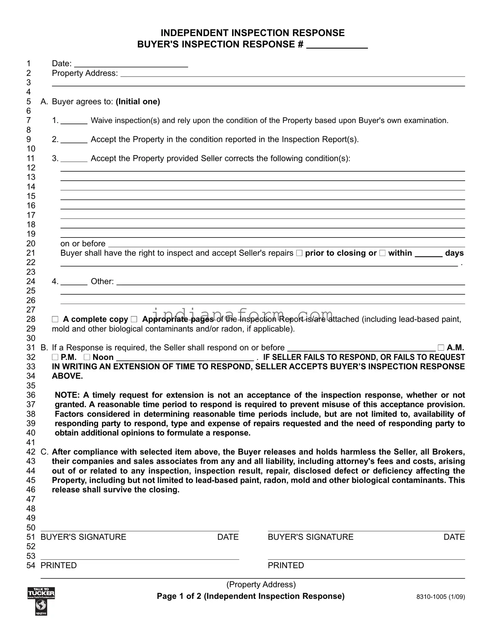 Indiana Inspection Response Form in PDF