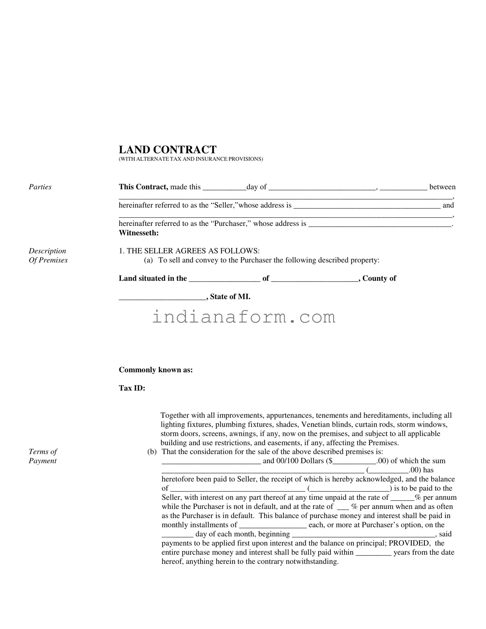 Indiana Land Contract Example Form in PDF