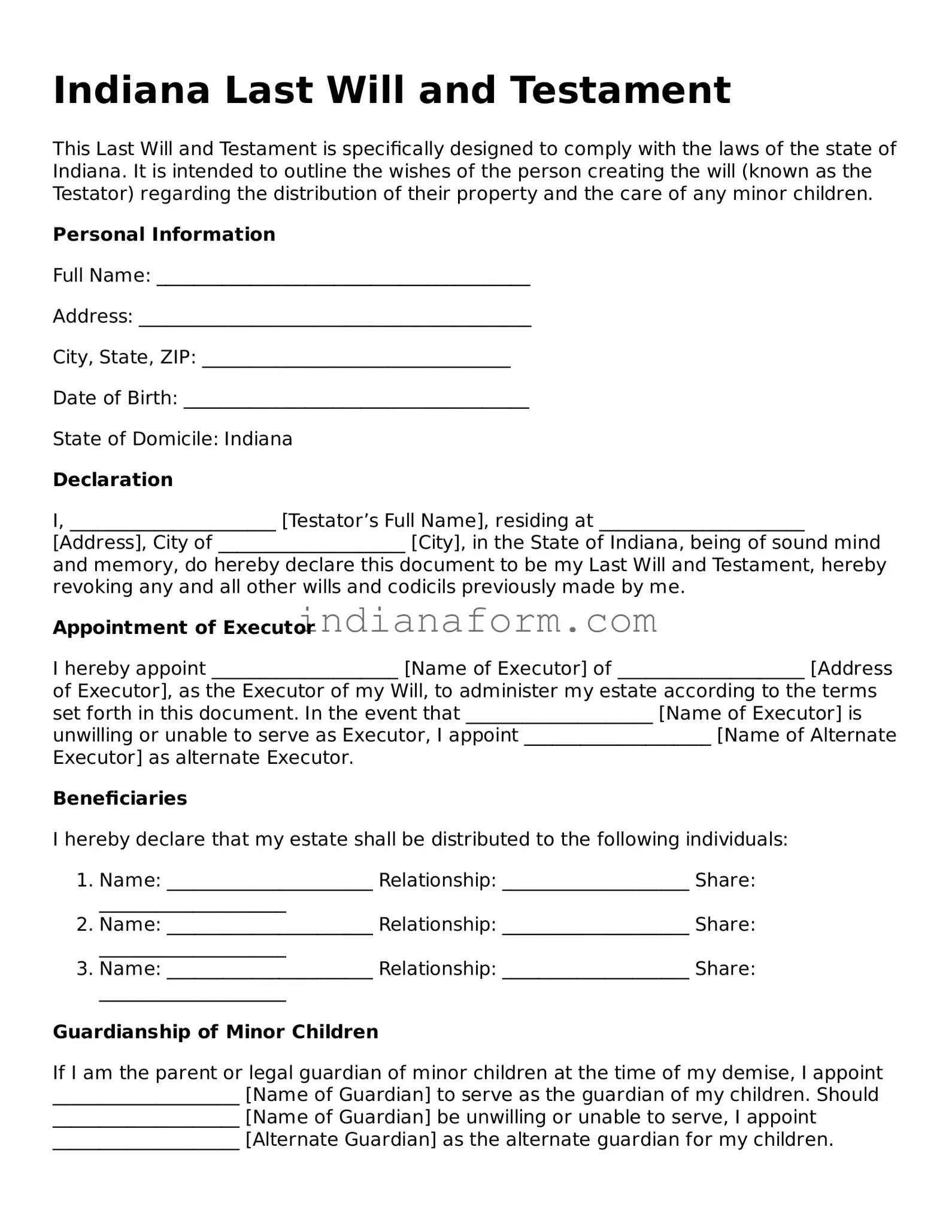 Indiana Last Will and Testament Template