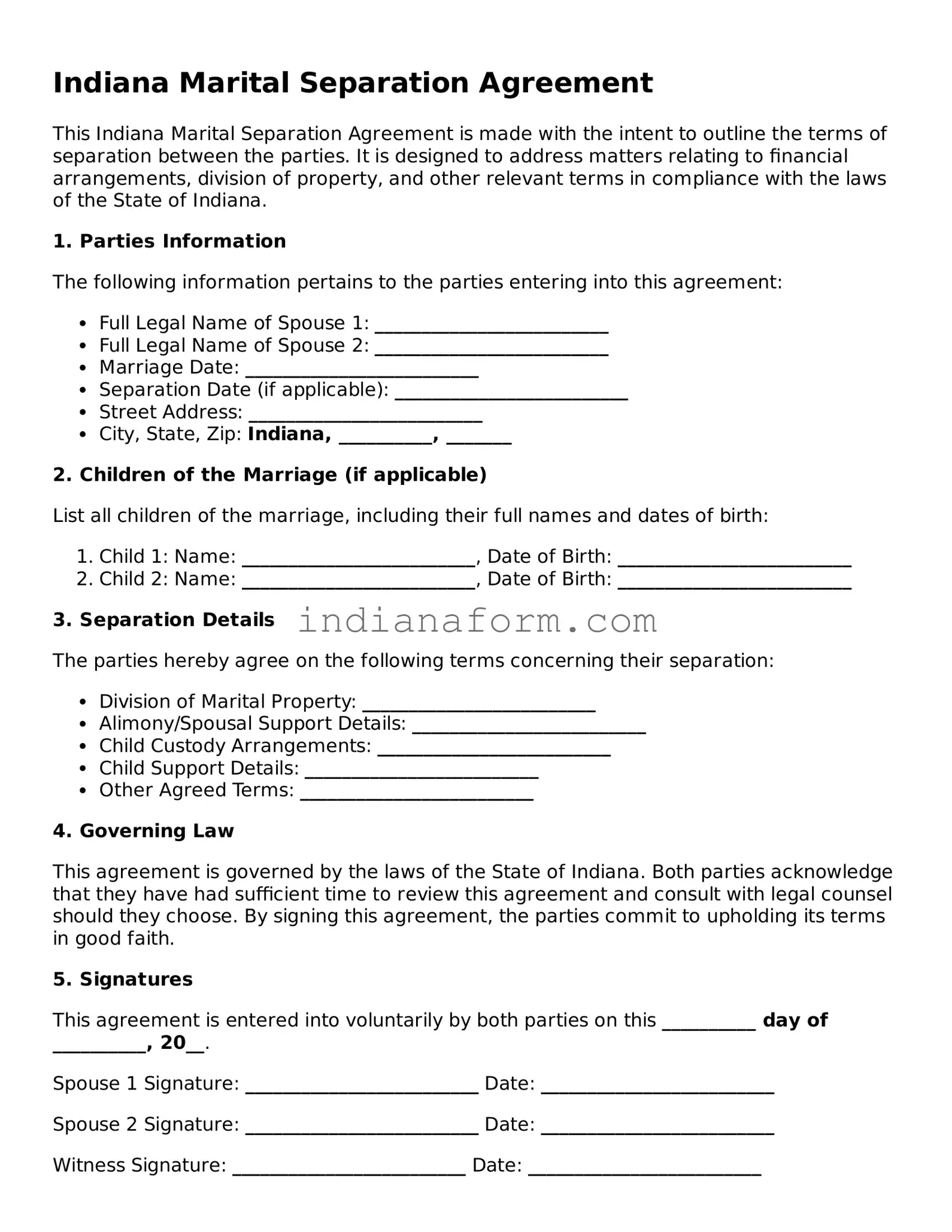 Indiana Marital Separation Agreement Template