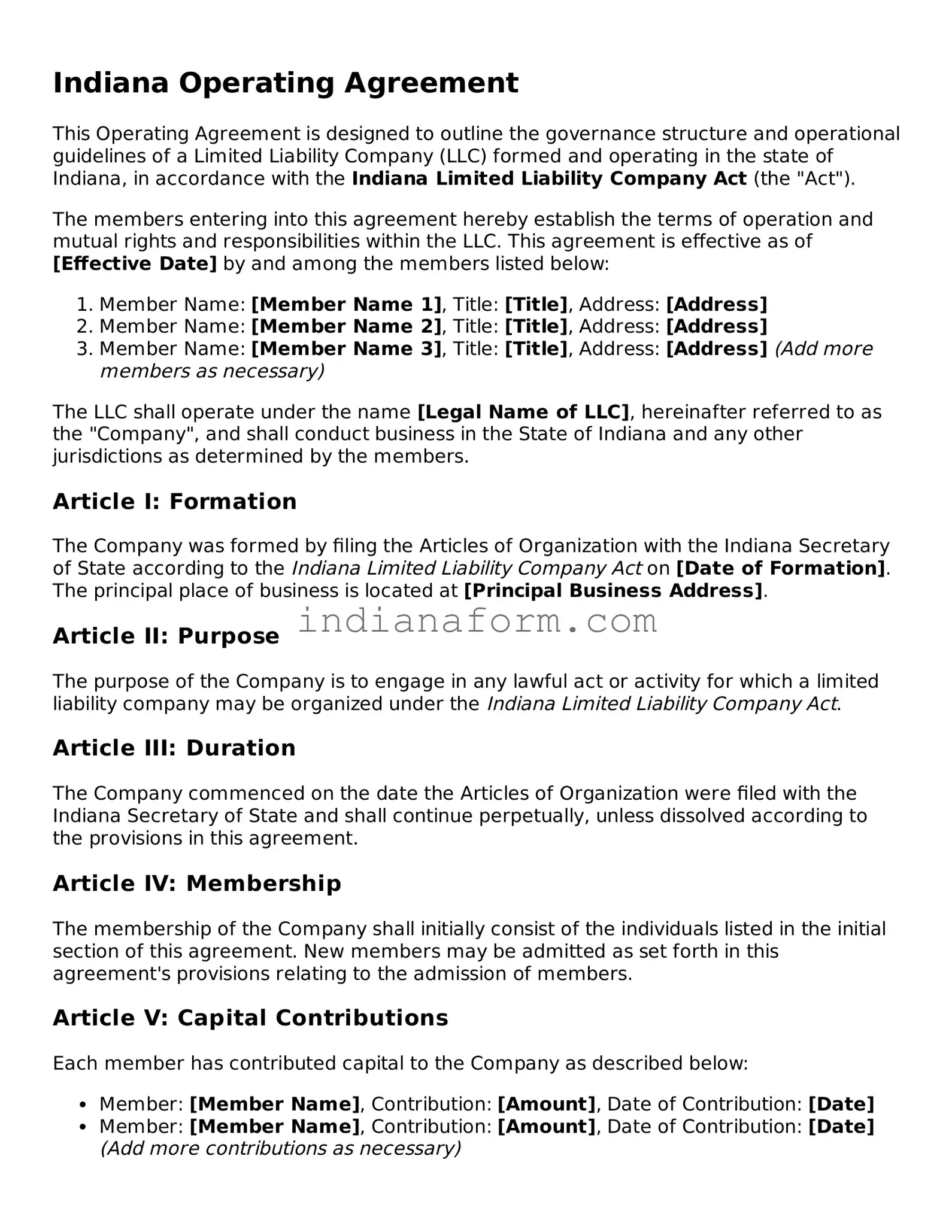 Indiana Operating Agreement Template