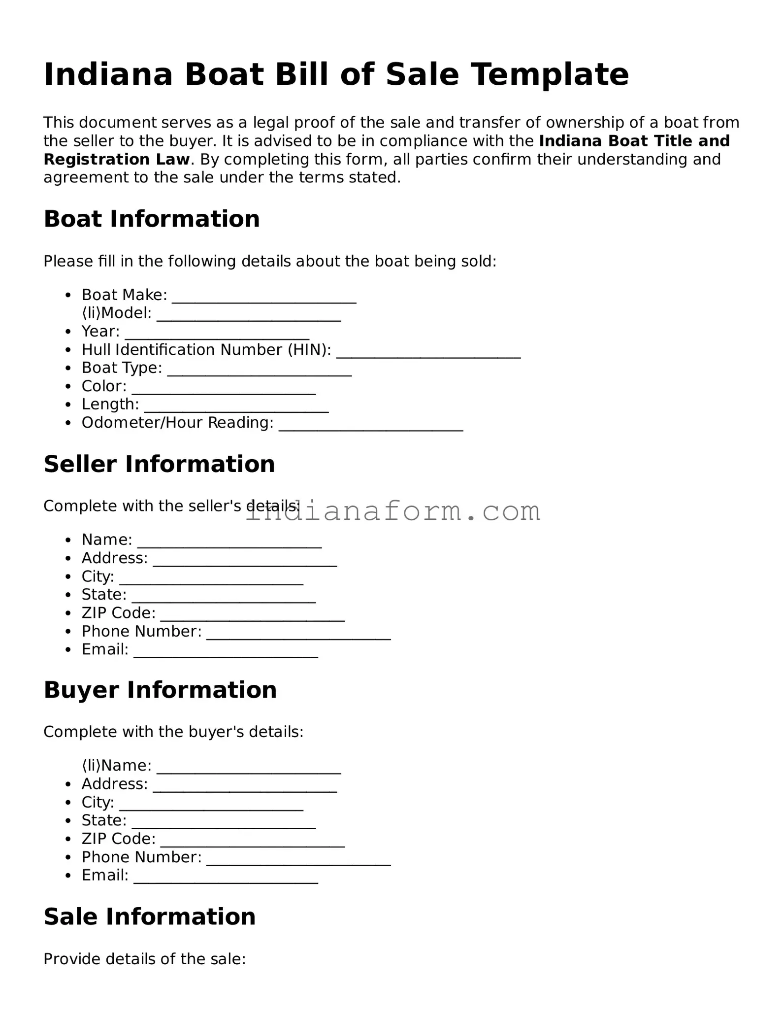 Indiana Boat Bill of Sale Template