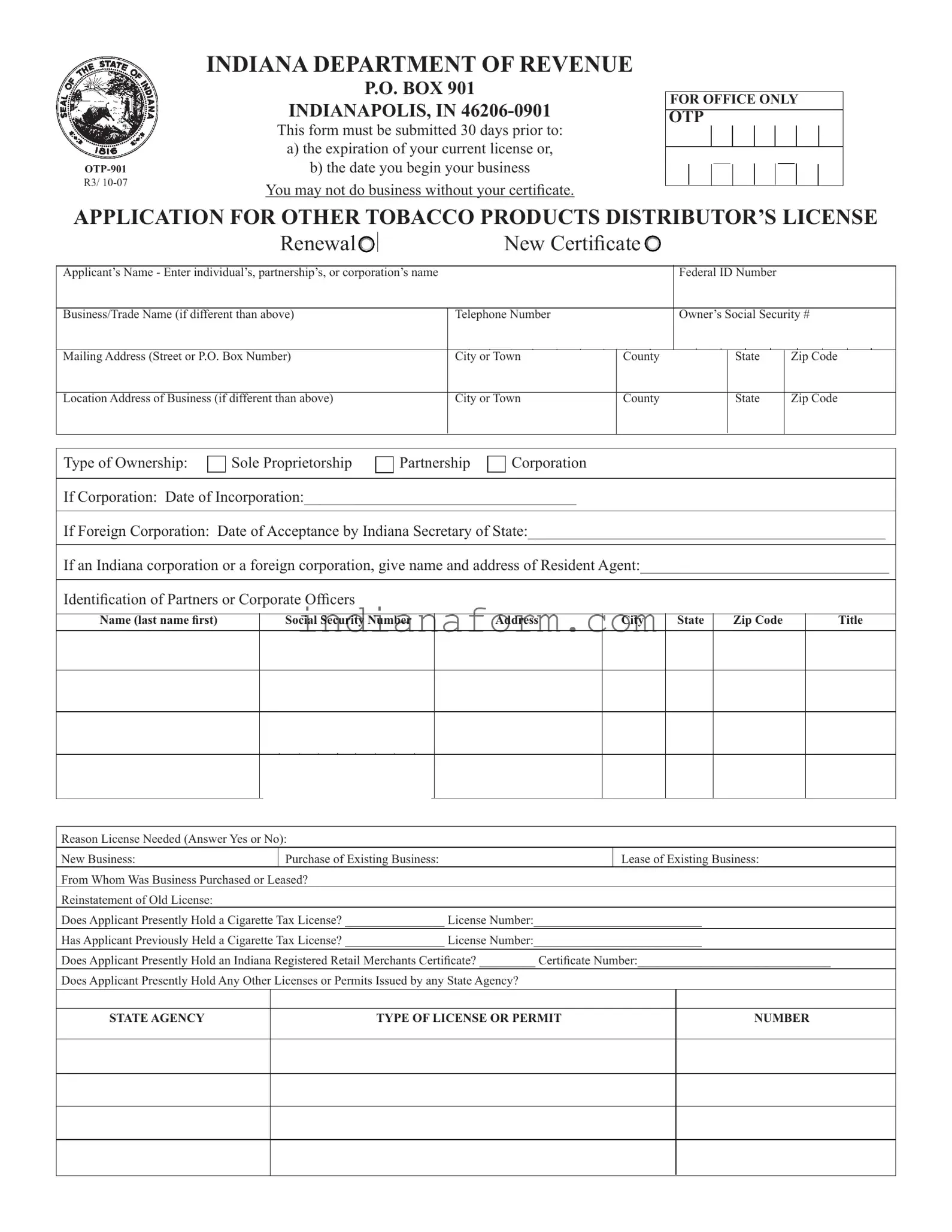 Indiana Otp 901 Form in PDF