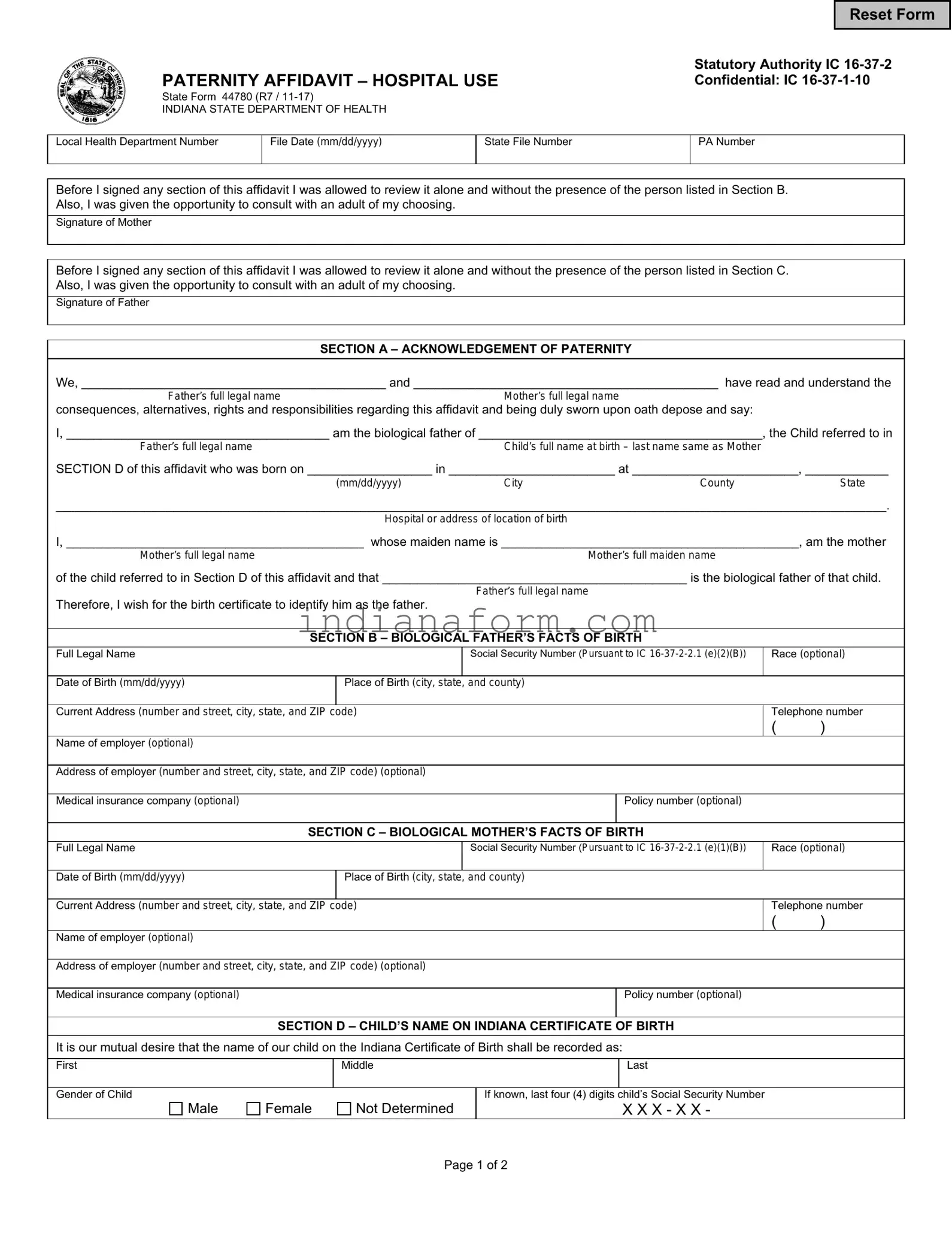 Indiana Paternity Affidavit 44780 Form in PDF