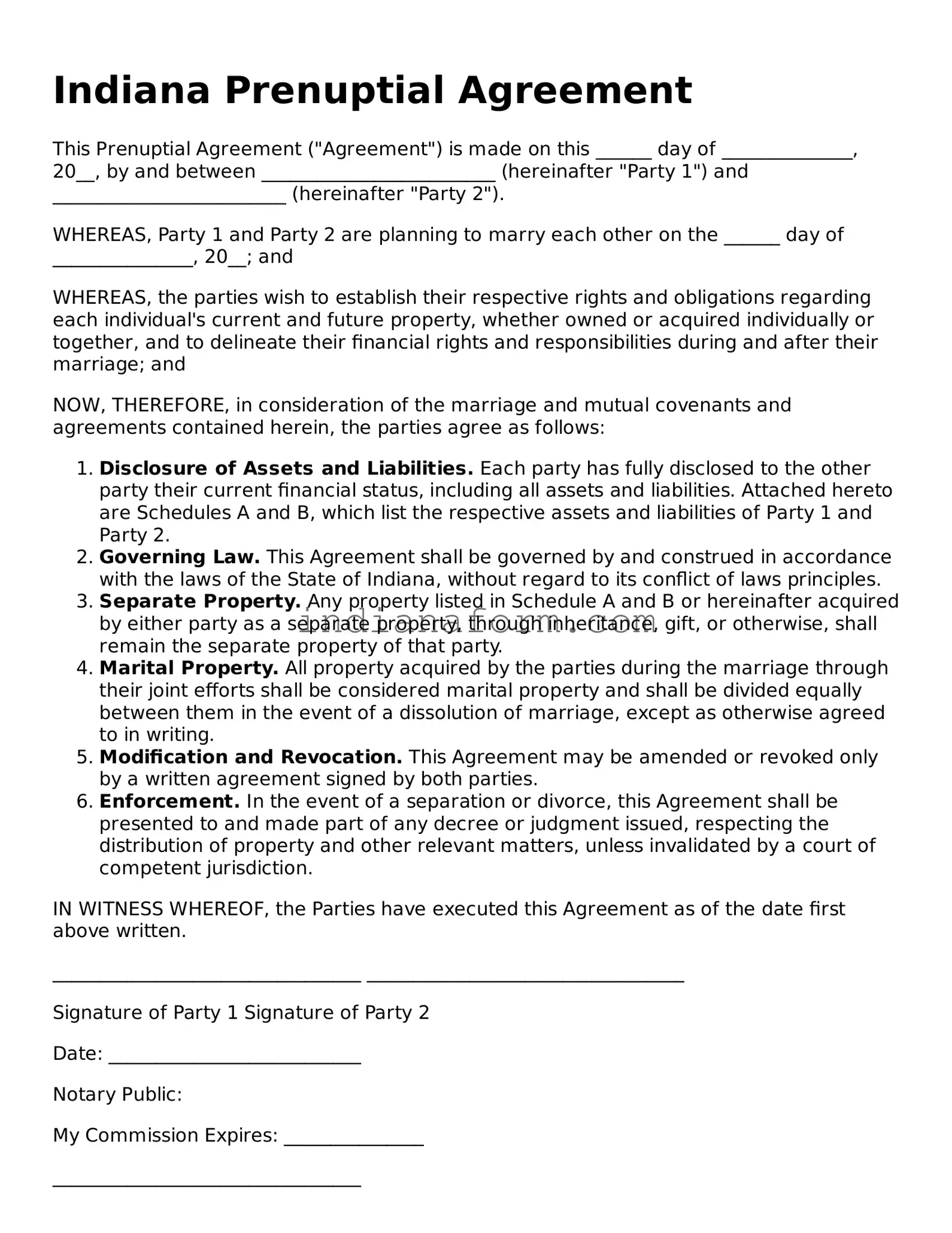 Indiana Prenuptial Agreement Template