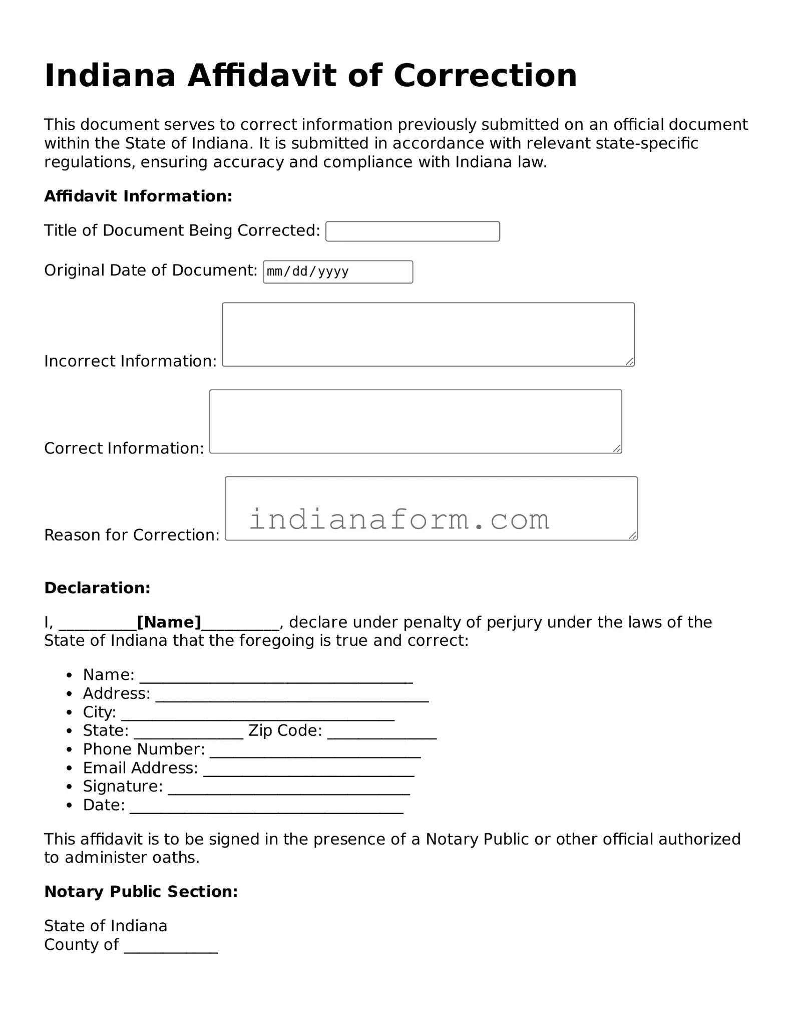 Indiana Affidavit of Correction Template