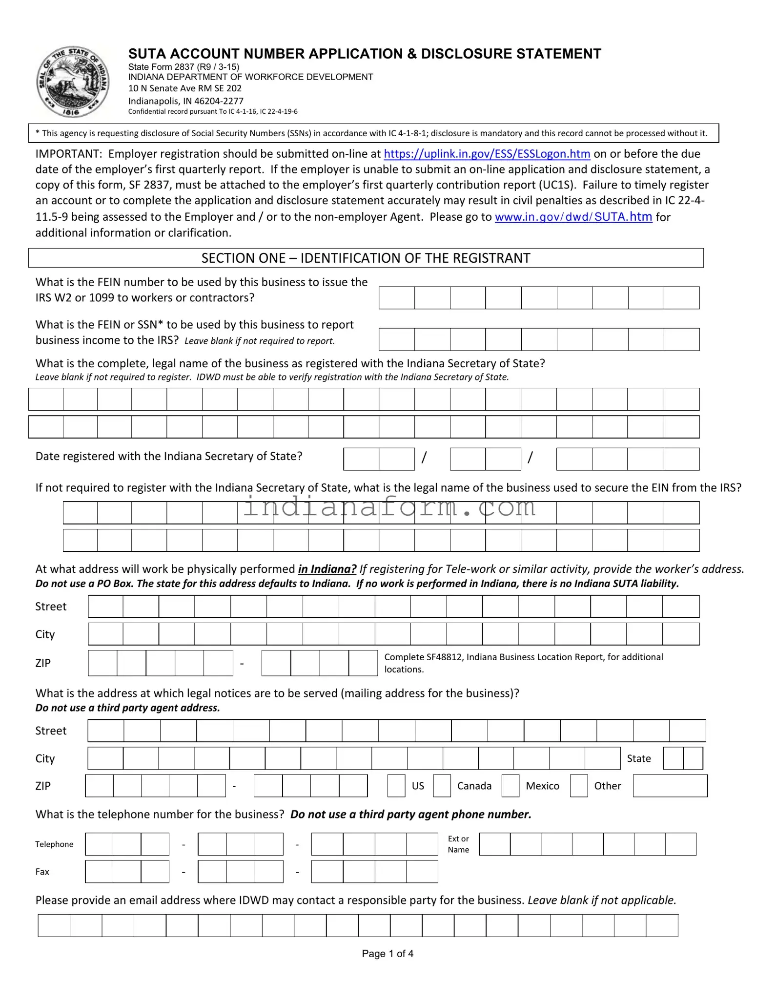 Indiana Sf 2837 Form in PDF