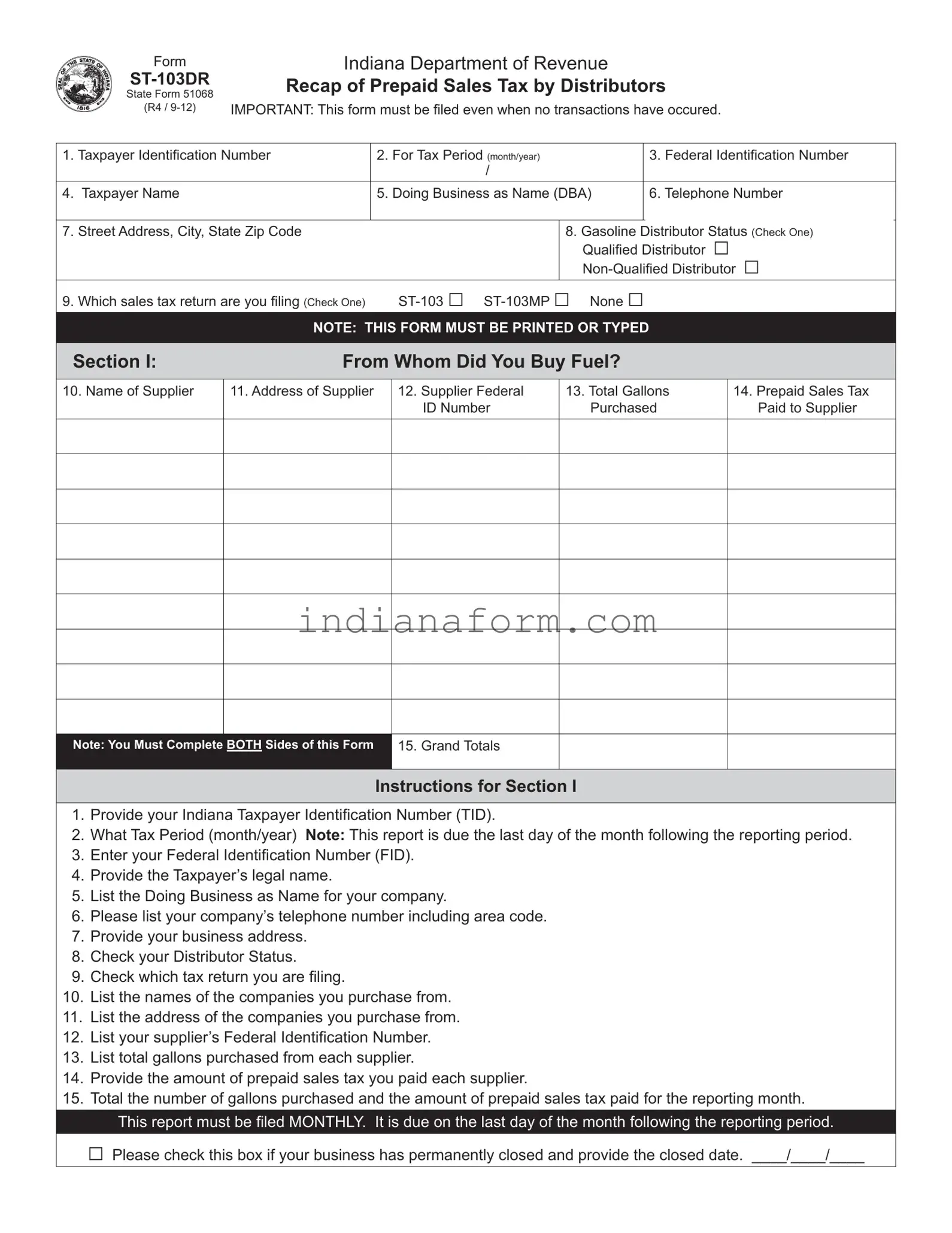 Indiana St 103Dr Form in PDF