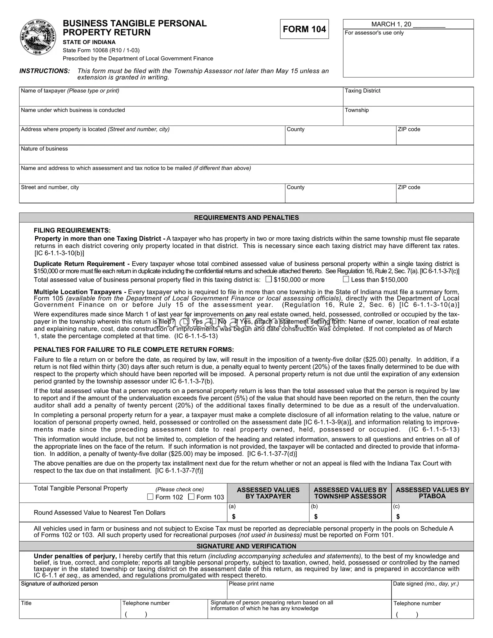 Indiana State 104 Form in PDF