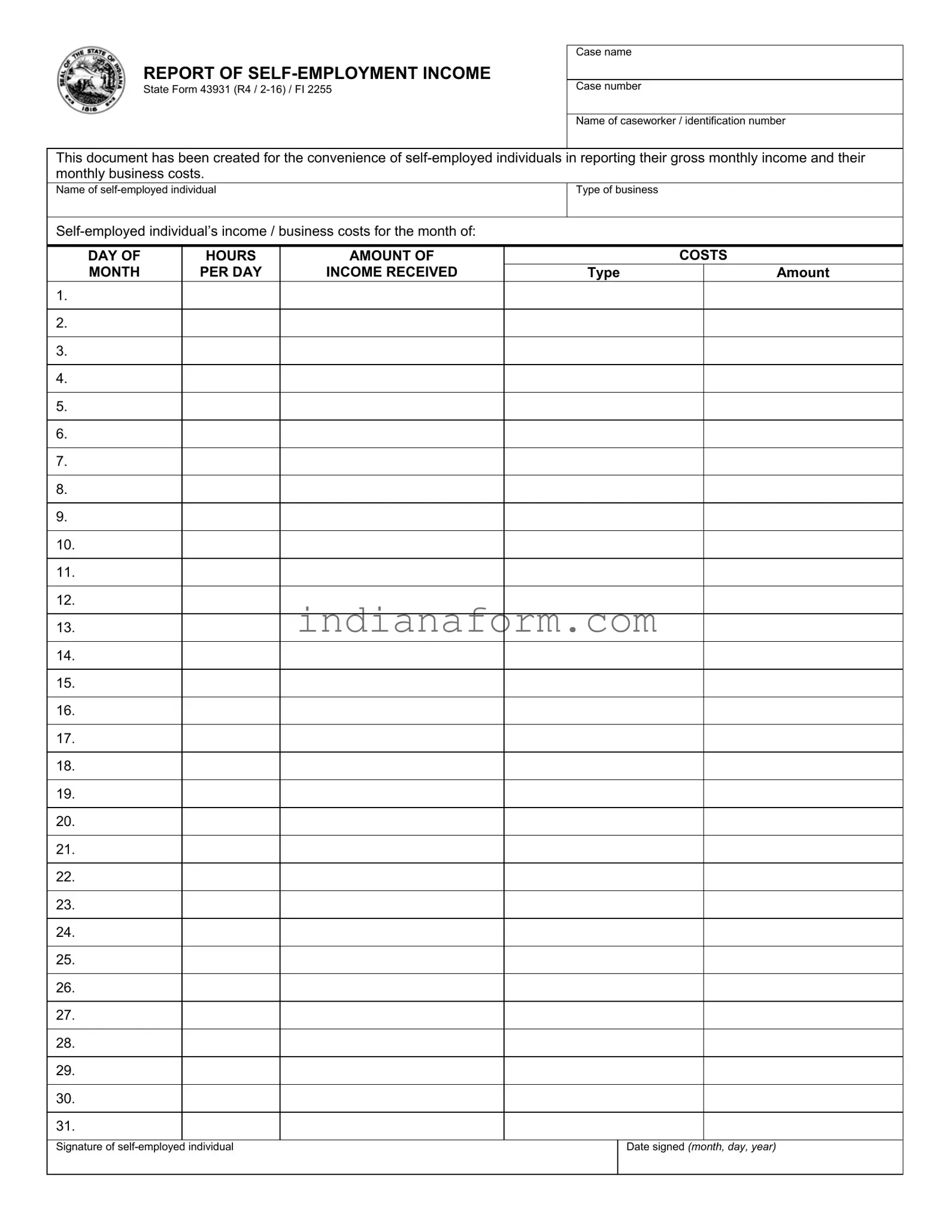 Indiana State 43931 Form in PDF