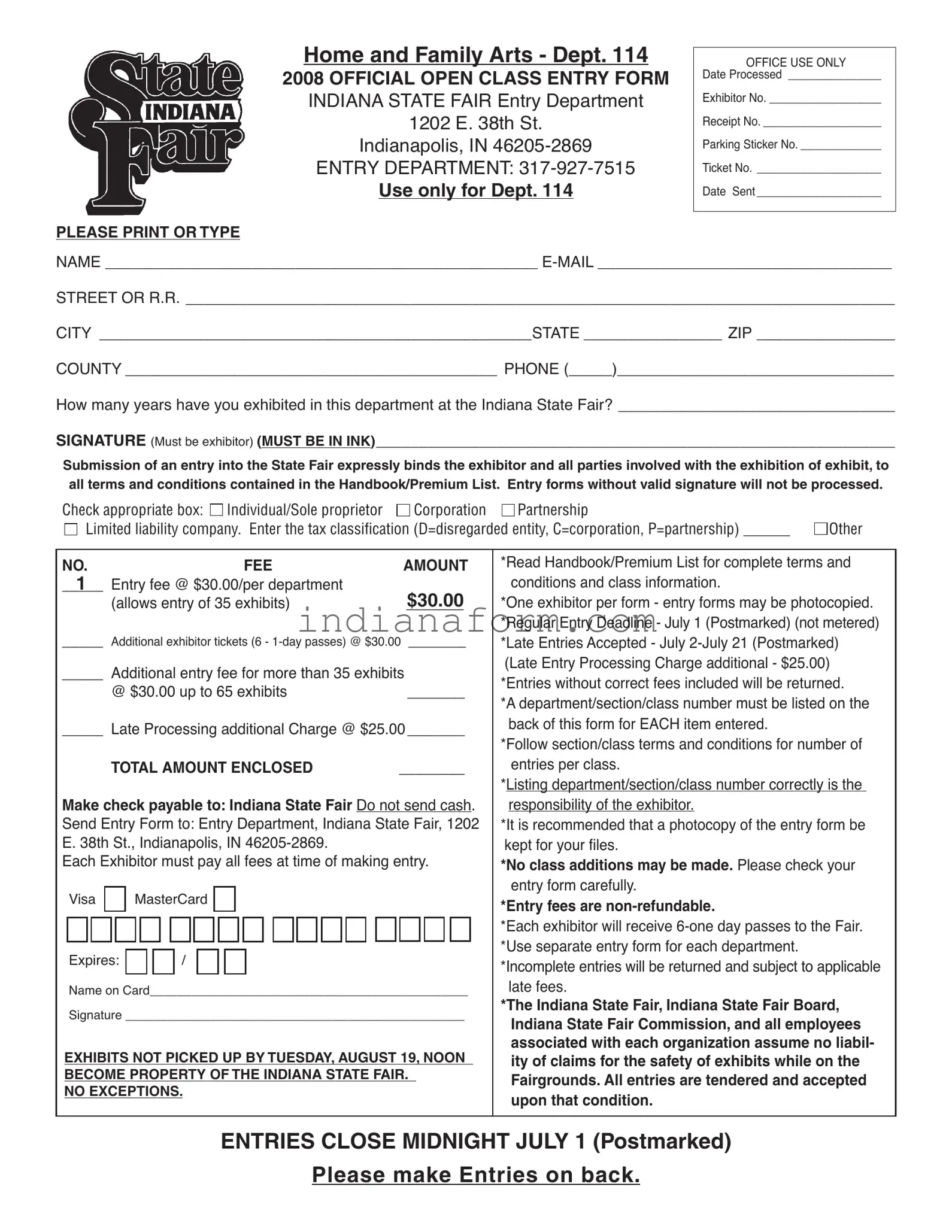 Indiana State Fair Entry Form in PDF