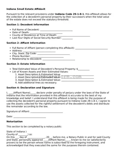Indiana Small Estate Affidavit Template