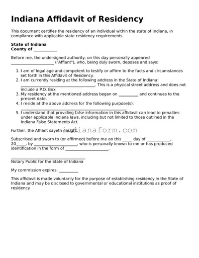 Indiana Affidavit of Residency Template