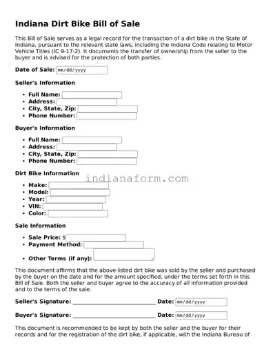 Indiana Dirt Bike Bill of Sale Template
