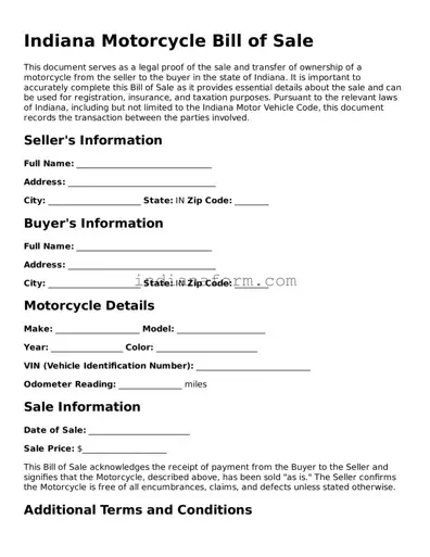Indiana Motorcycle Bill of Sale Template