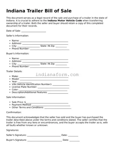 Indiana Trailer Bill of Sale Template