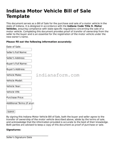 Indiana Motor Vehicle Bill of Sale Template