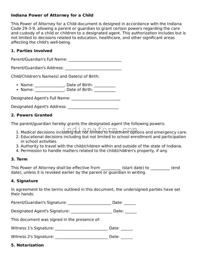 Indiana Power of Attorney for a Child Template