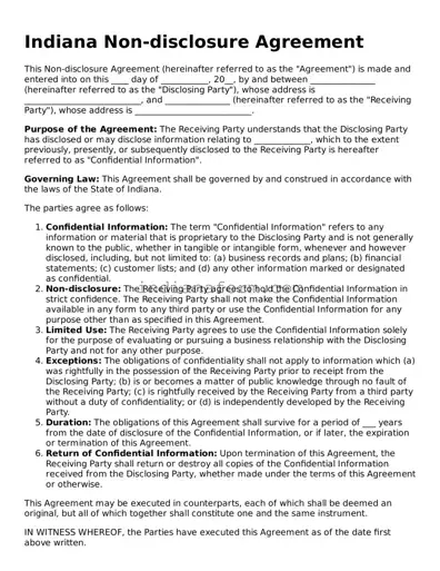 Indiana Non-disclosure Agreement Template