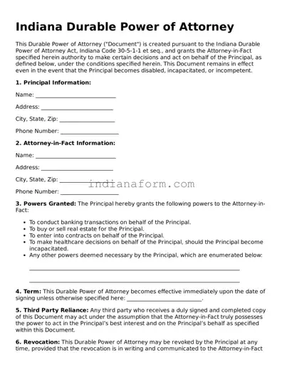 Indiana Durable Power of Attorney Template