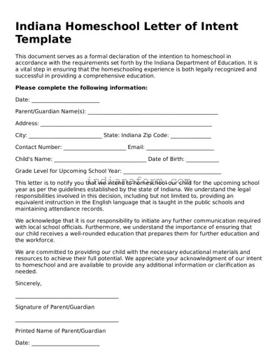 Indiana Homeschool Letter of Intent Template