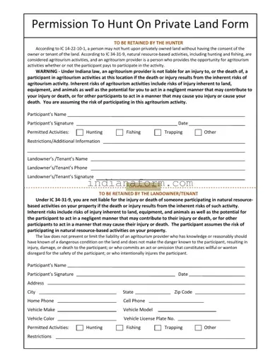 Indiana Hunting Permission Form in PDF