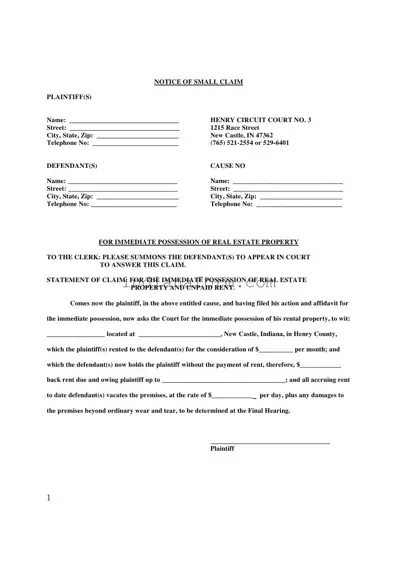 Indiana Immediate Possession Form in PDF