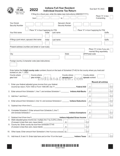 Indiana It 40 Form in PDF