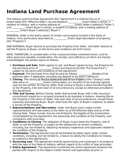 Indiana Land Purchase Agreement Template