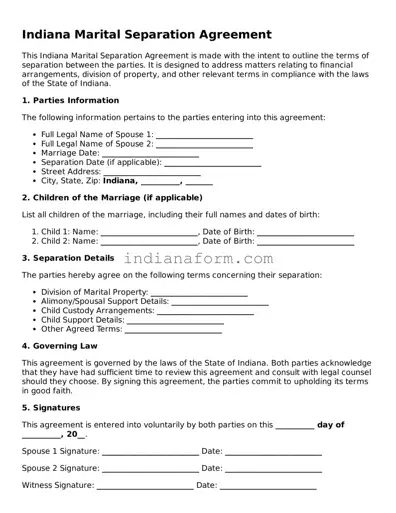 Indiana Marital Separation Agreement Template