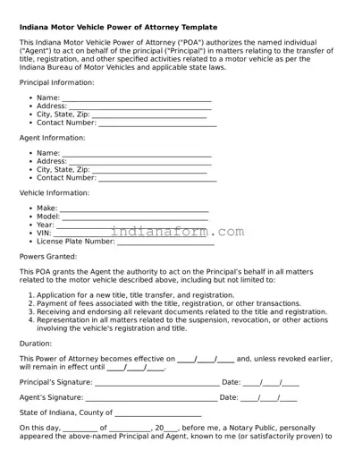Indiana Motor Vehicle Power of Attorney Template
