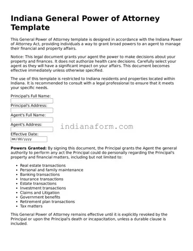 Indiana General Power of Attorney Template