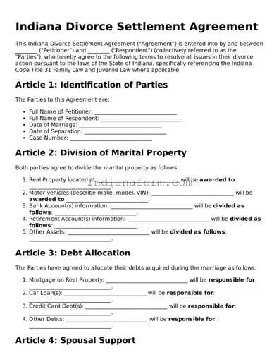 Indiana Divorce Settlement Agreement Template