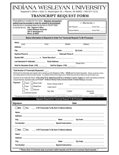 Indiana Transcript Request Form in PDF