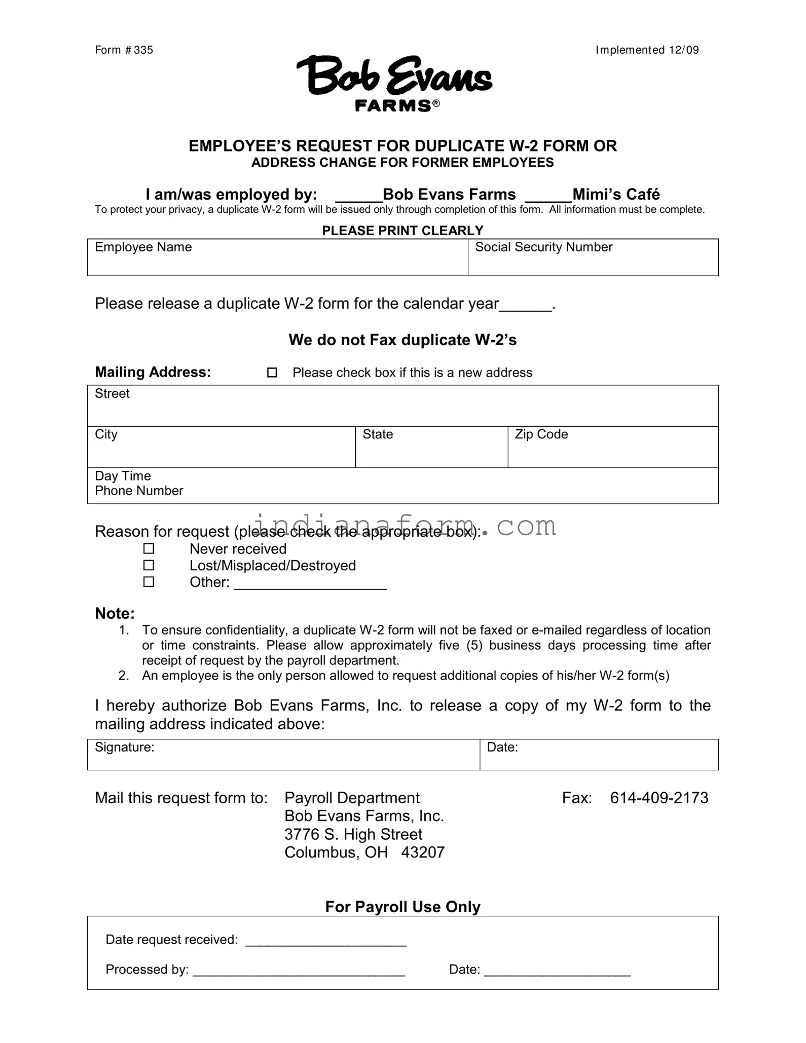 W2 Bob Evans Indianapolis Form in PDF